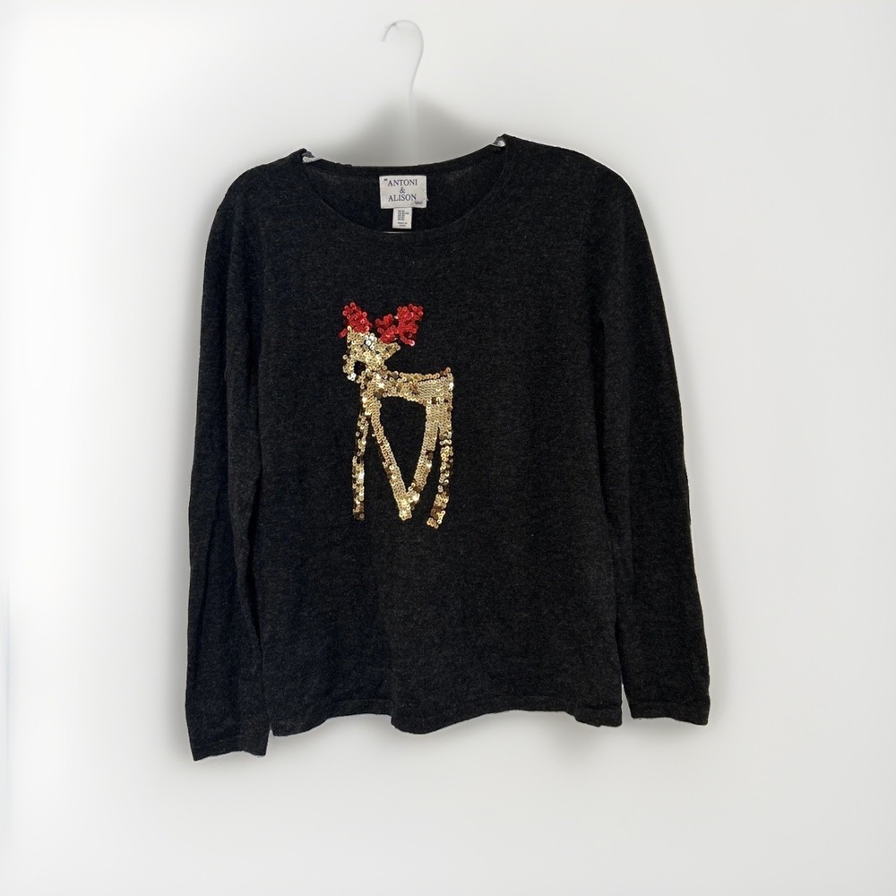 Antoni & Alison Sweater Women XL Gray Sequin Reindeer Lambswool Pullover